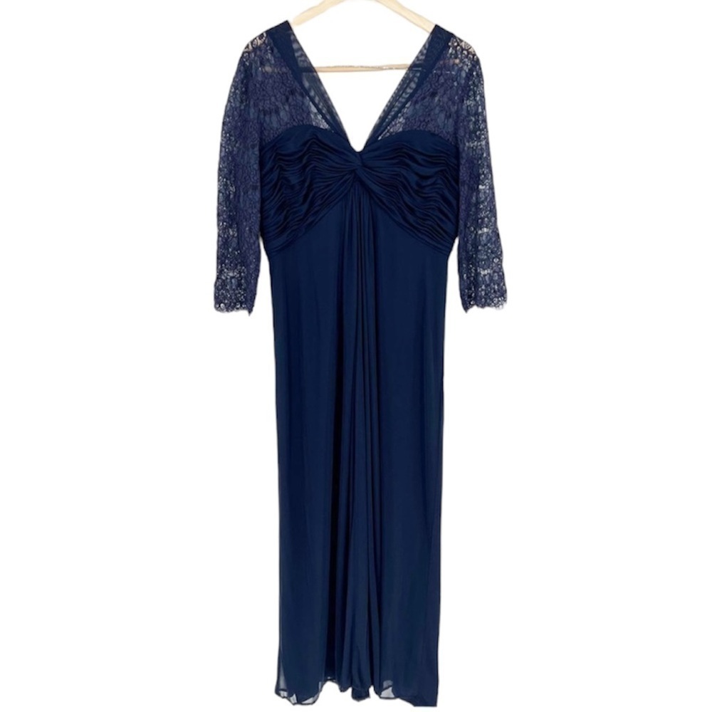 Alex Evenings Navy Blue Ruched Twist Column Bodice Lace Sleeve Maxi Dress Gown‎